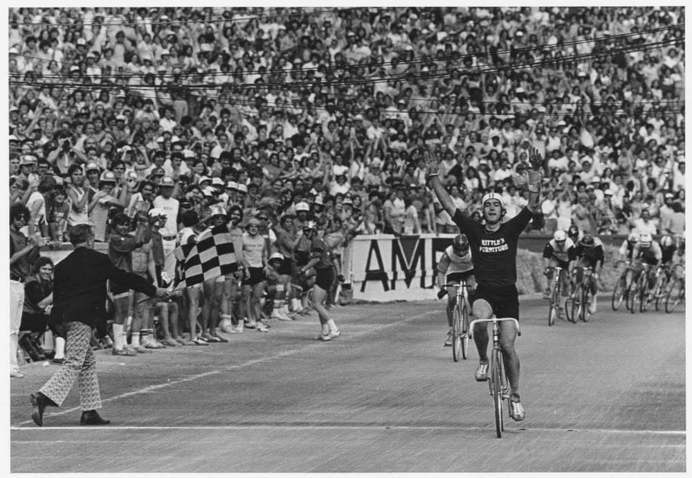 Bill crossing the finish line of the 1979 Little 500